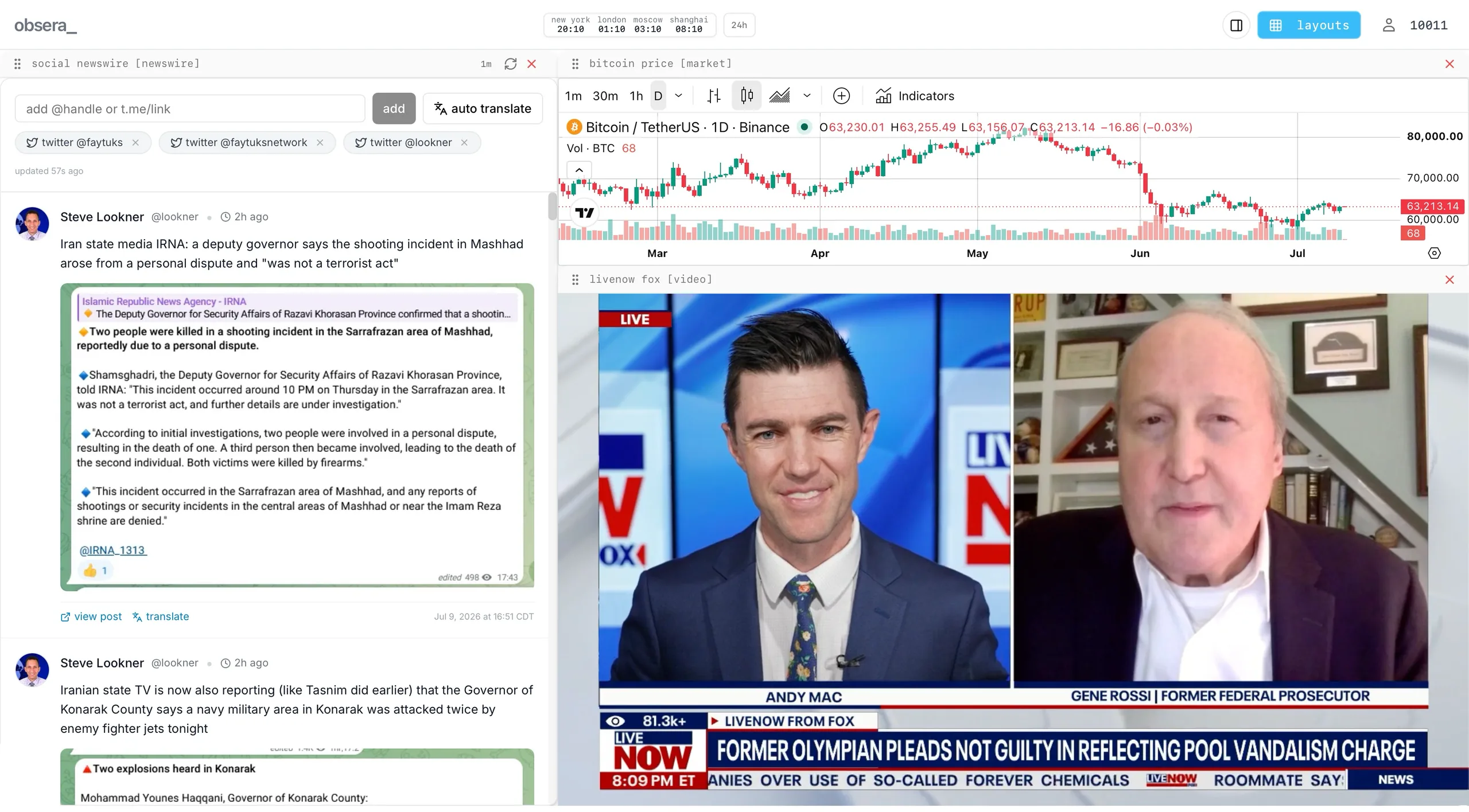 obsera real-time monitoring workspace with live video, news feeds, social newswire, markets, and flight tracking panels